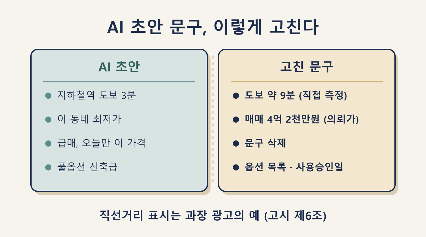 AI 초안 매물 홍보 문구 4가지와 도보 시간·의뢰가 기준으로 고친 문구 비교