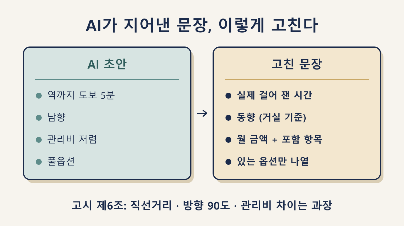 AI 초안이 지어내는 문장과 고친 문장 비교: 도보 5분, 남향, 관리비 예시