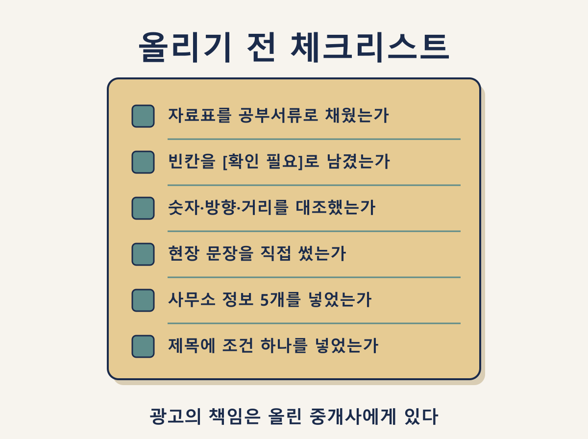 매물 블로그 발행 전 체크리스트: 자료표, 대조, 현장 문장, 명시사항 등 6개