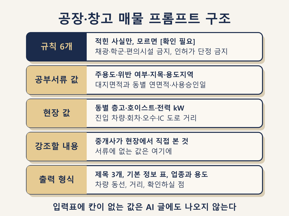 공장·창고 매물 프롬프트 구조: 규칙 6개, 공부서류 값, 현장 값, 출력 형식