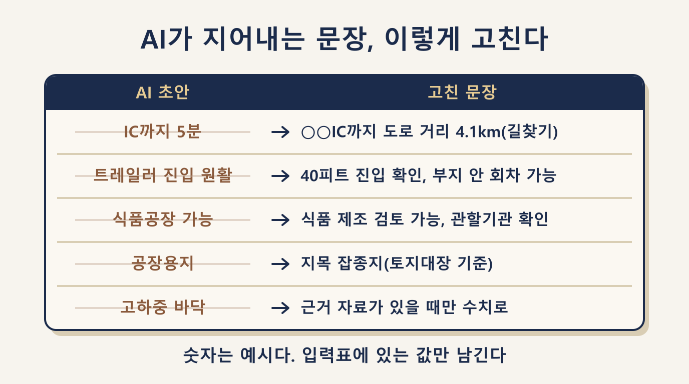 공장 매물 AI 문장과 고친 문장 비교: IC 5분, 트레일러 진입, 식품공장 가능