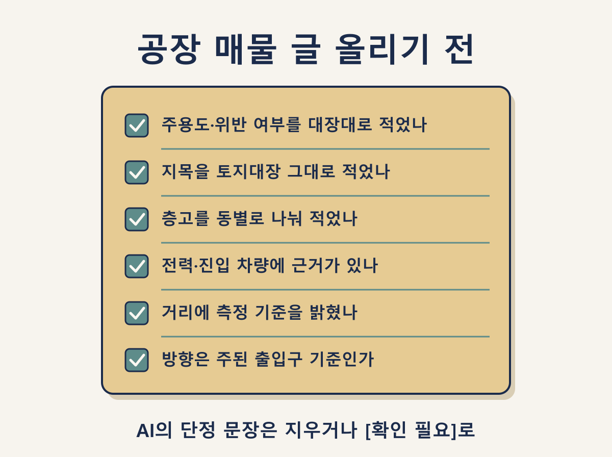 공장 매물 글 올리기 전 체크리스트: 주용도, 지목, 층고, 거리 기준 등 6개