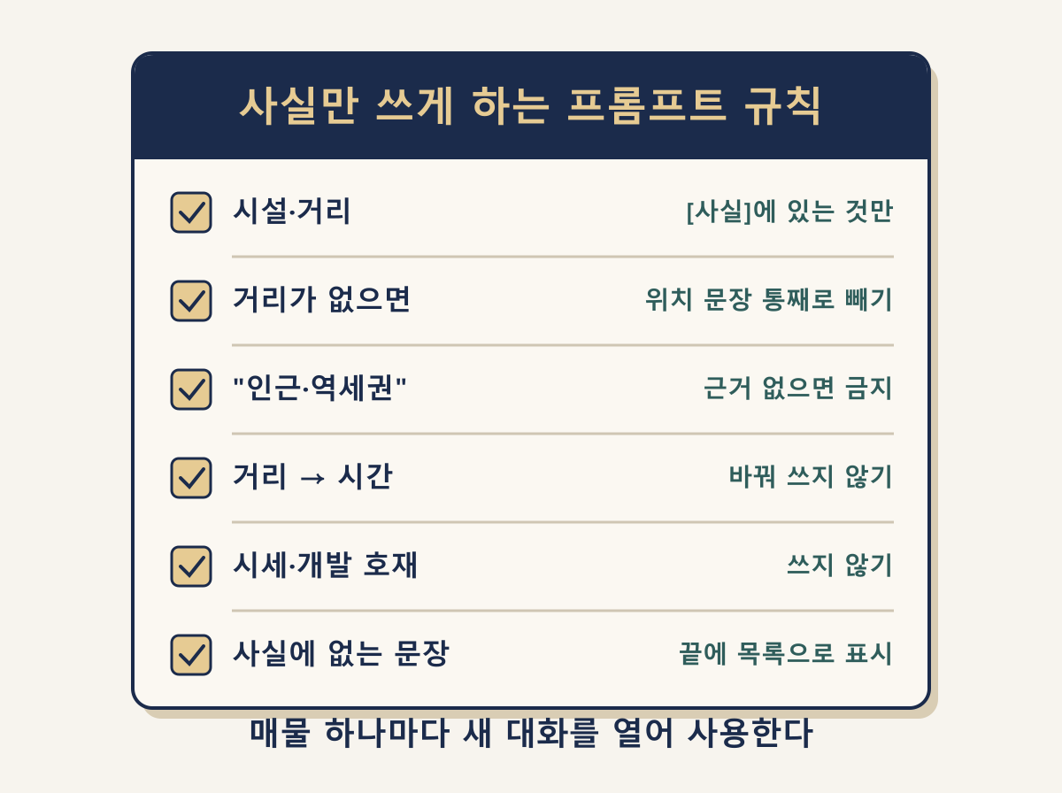 매물 설명 프롬프트 구조: 사실표, 쓰기 규칙 5개, 빈칸이면 위치 문장 생략