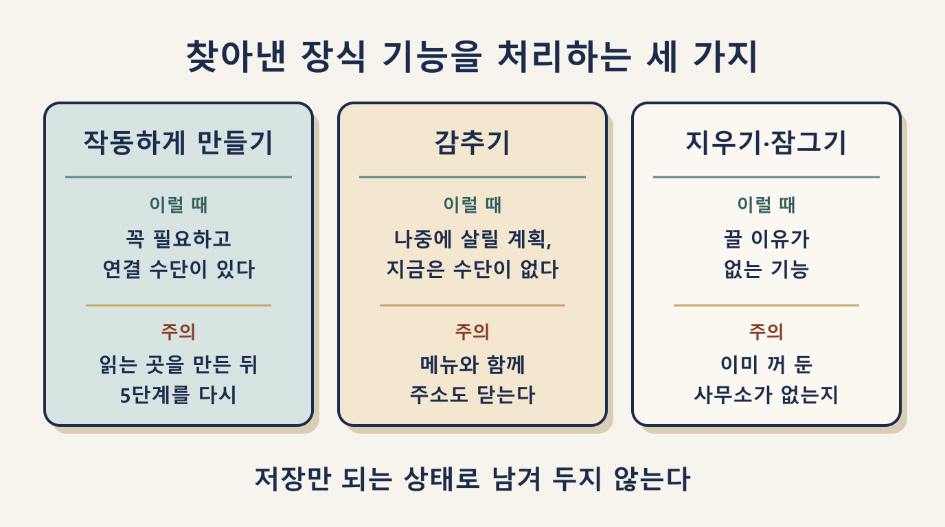 장식 설정 처리 3가지 비교: 작동하게 만들기, 감추기, 지우기와 주의점