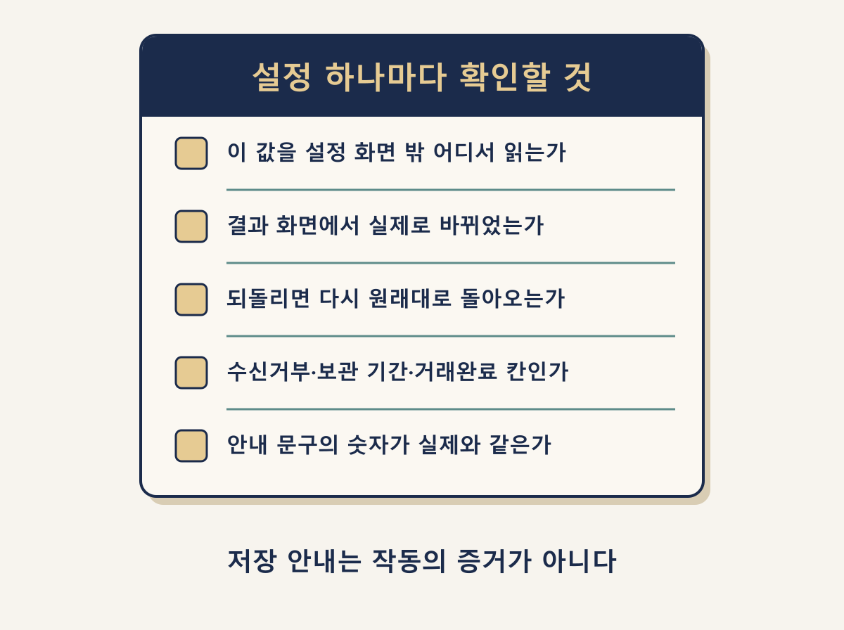 AI로 만든 업무 프로그램 설정 점검표 5항목: 읽는 곳, 다른 화면, 법정 칸