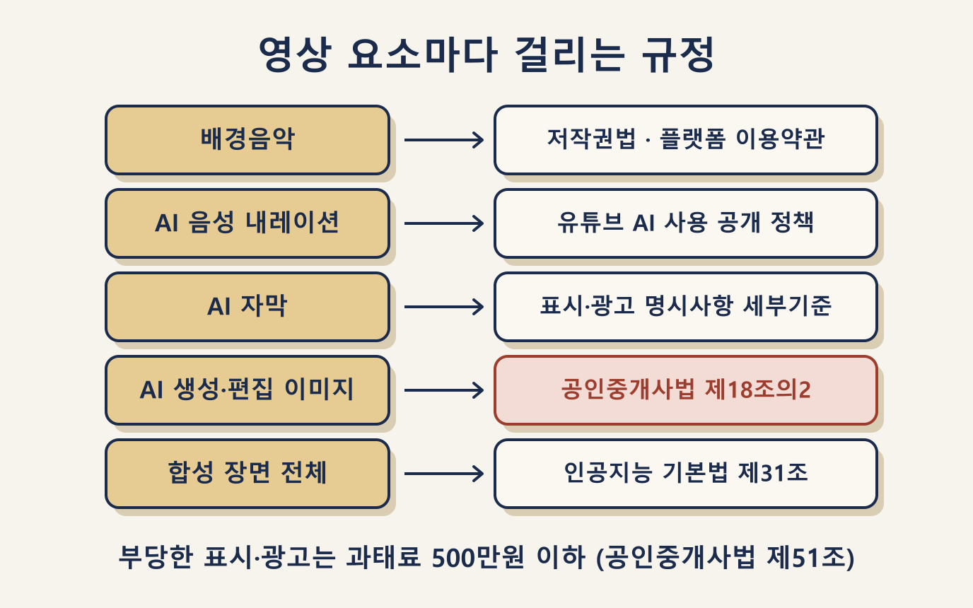 매물 영상 요소별 적용 규정 지도: 저작권·AI 기본법·공인중개사법·유튜브 정책