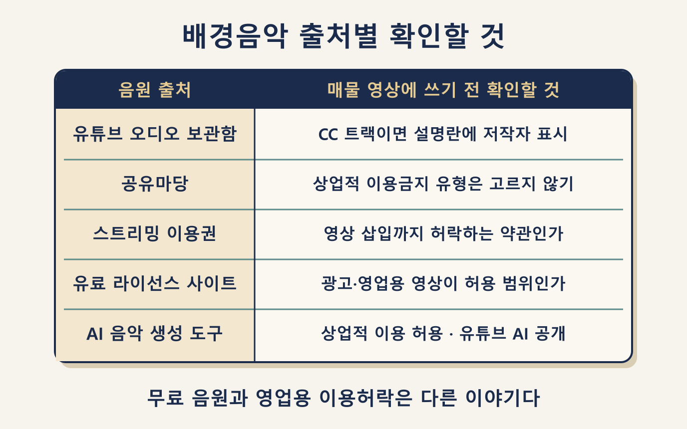 배경음악 출처별 비교: 오디오 보관함·공유마당·스트리밍·AI 음악 확인 항목