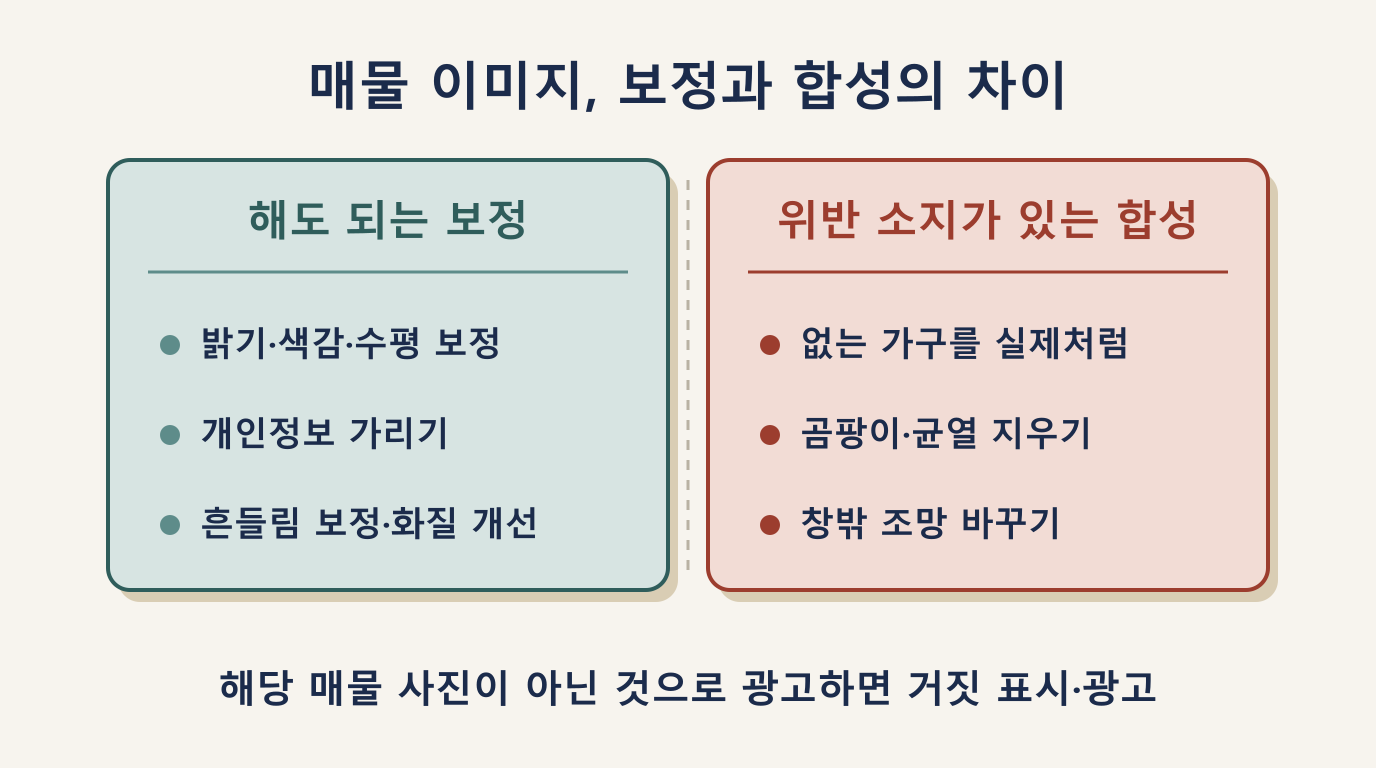 매물 이미지 편집 비교: 허용되는 보정과 표시·광고 위반 소지가 있는 AI 합성
