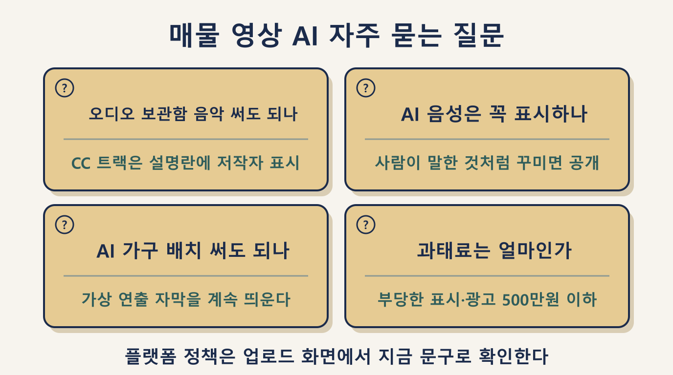 매물 영상 AI 자주 묻는 질문 4가지: 오디오 보관함·AI 음성·가구 합성·과태료