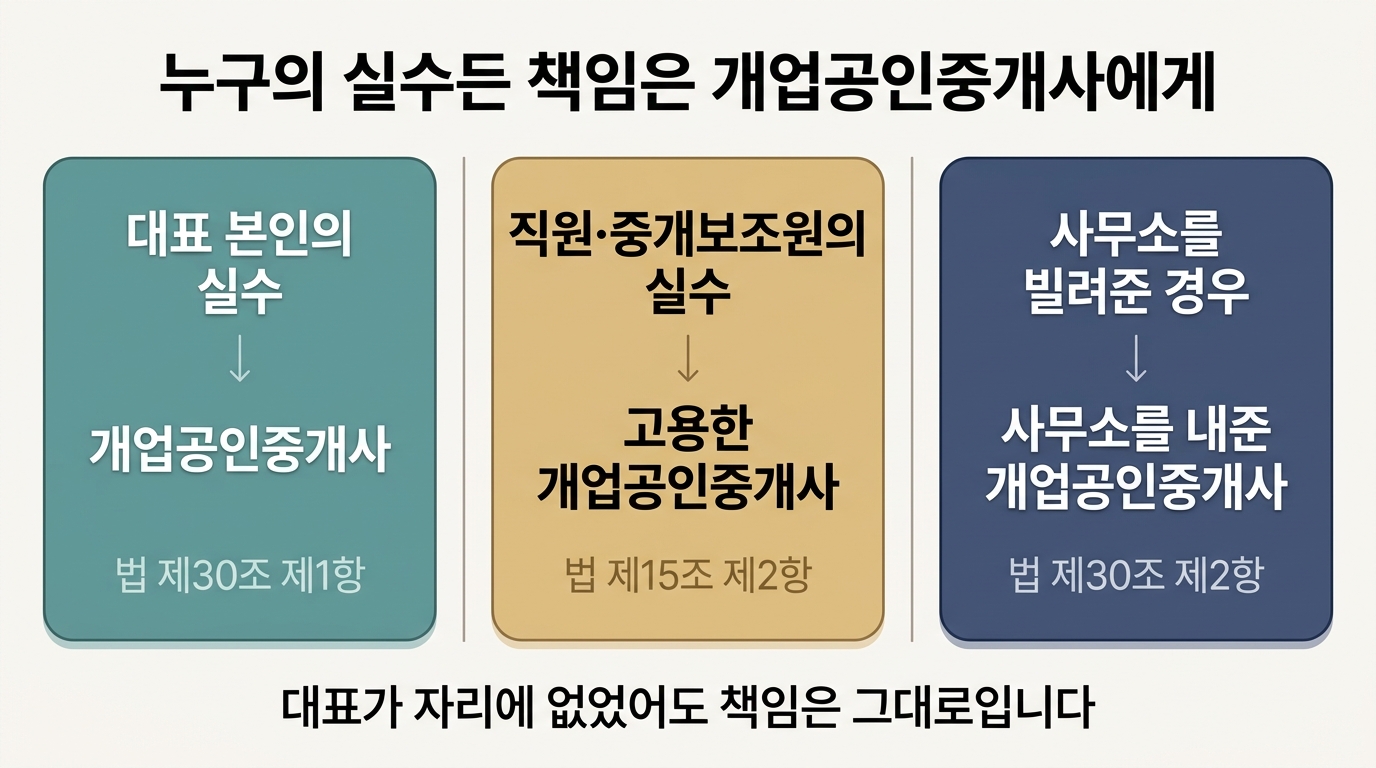 중개사고 손해배상책임 귀속: 본인, 직원, 사무소 대여 3가지 경우 비교