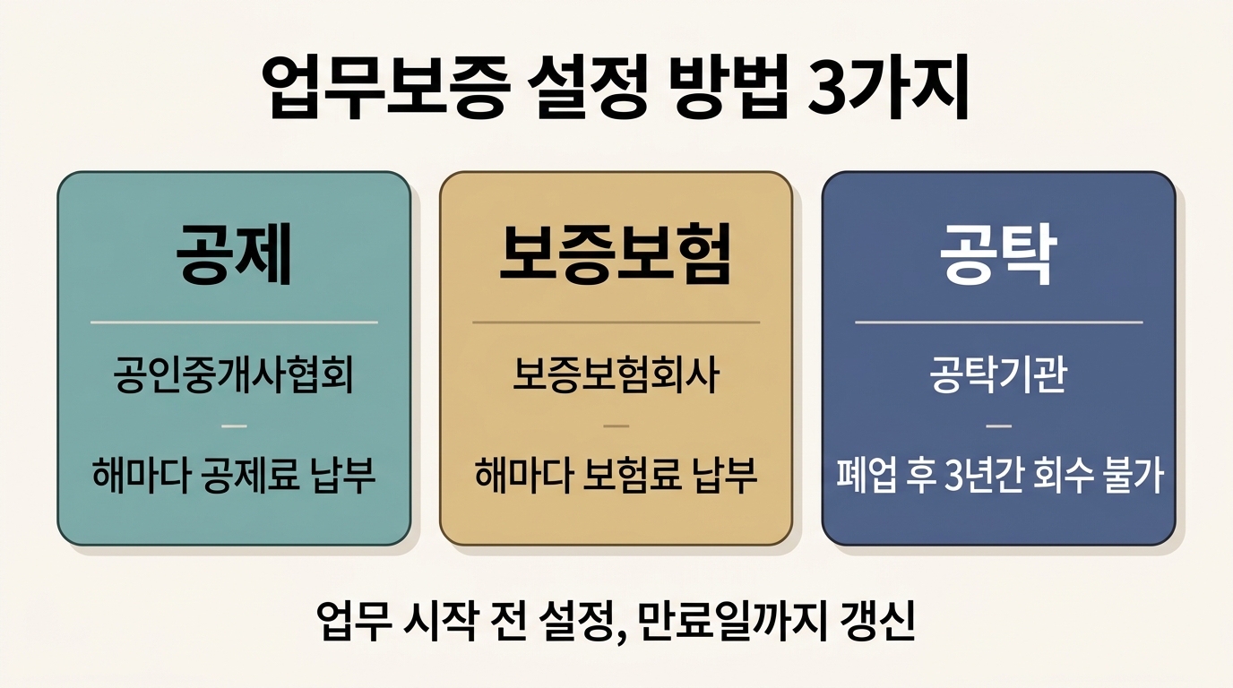 업무보증 설정 방법 비교: 공제, 보증보험, 공탁 3가지와 갱신 시점