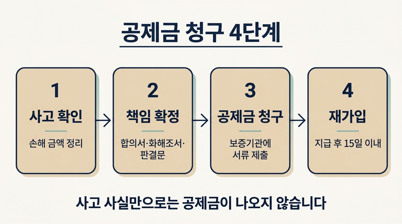 공제금 청구 절차 4단계: 사고 확인, 책임 확정, 청구, 15일 내 재가입
