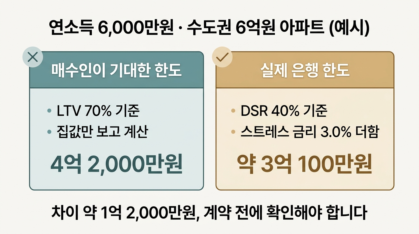 연소득 6,000만원 매수인의 LTV 기대 한도 4억 2천과 실제 DSR 한도 비교