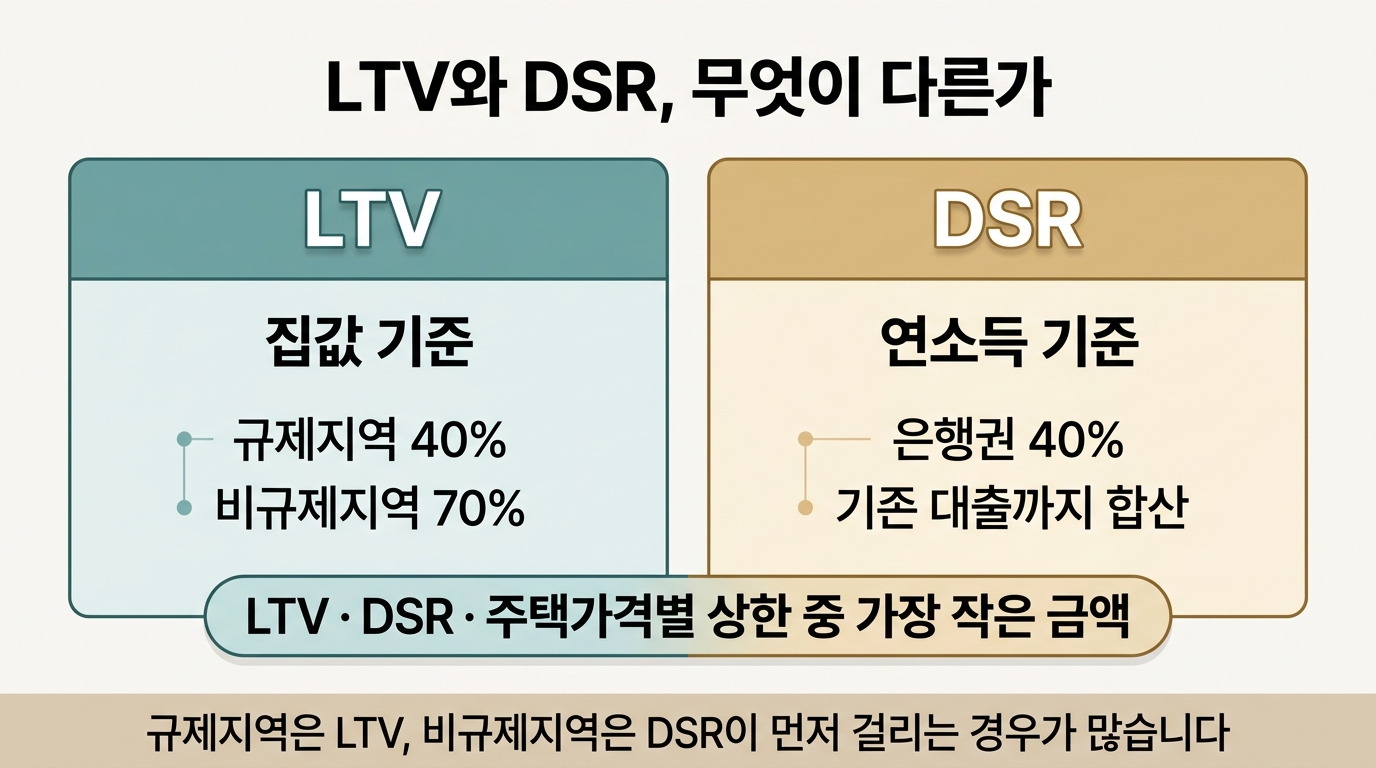 LTV와 DSR 비교: 집값 기준 40~70%와 연소득 기준 40%, 작은 쪽이 한도
