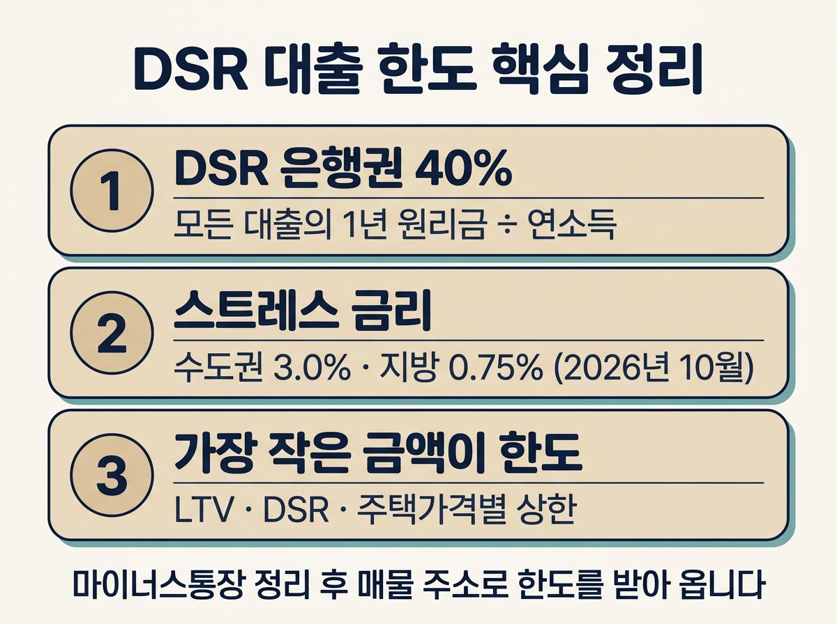 DSR 대출 한도 핵심 정리 3줄: 은행권 40%, 스트레스 금리, 가장 작은 금액