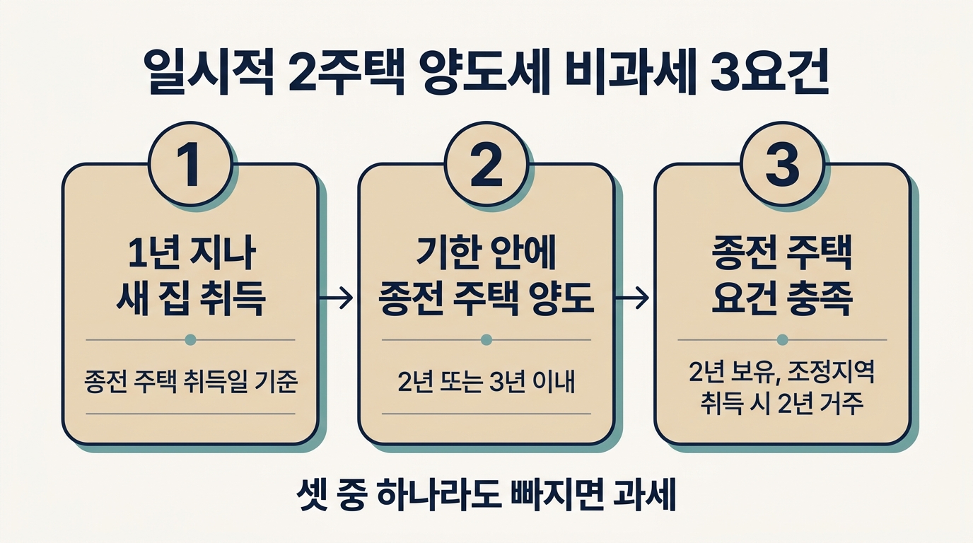 일시적 2주택 양도세 비과세 3요건: 1년 후 취득, 기한 내 처분, 종전 주택 요건