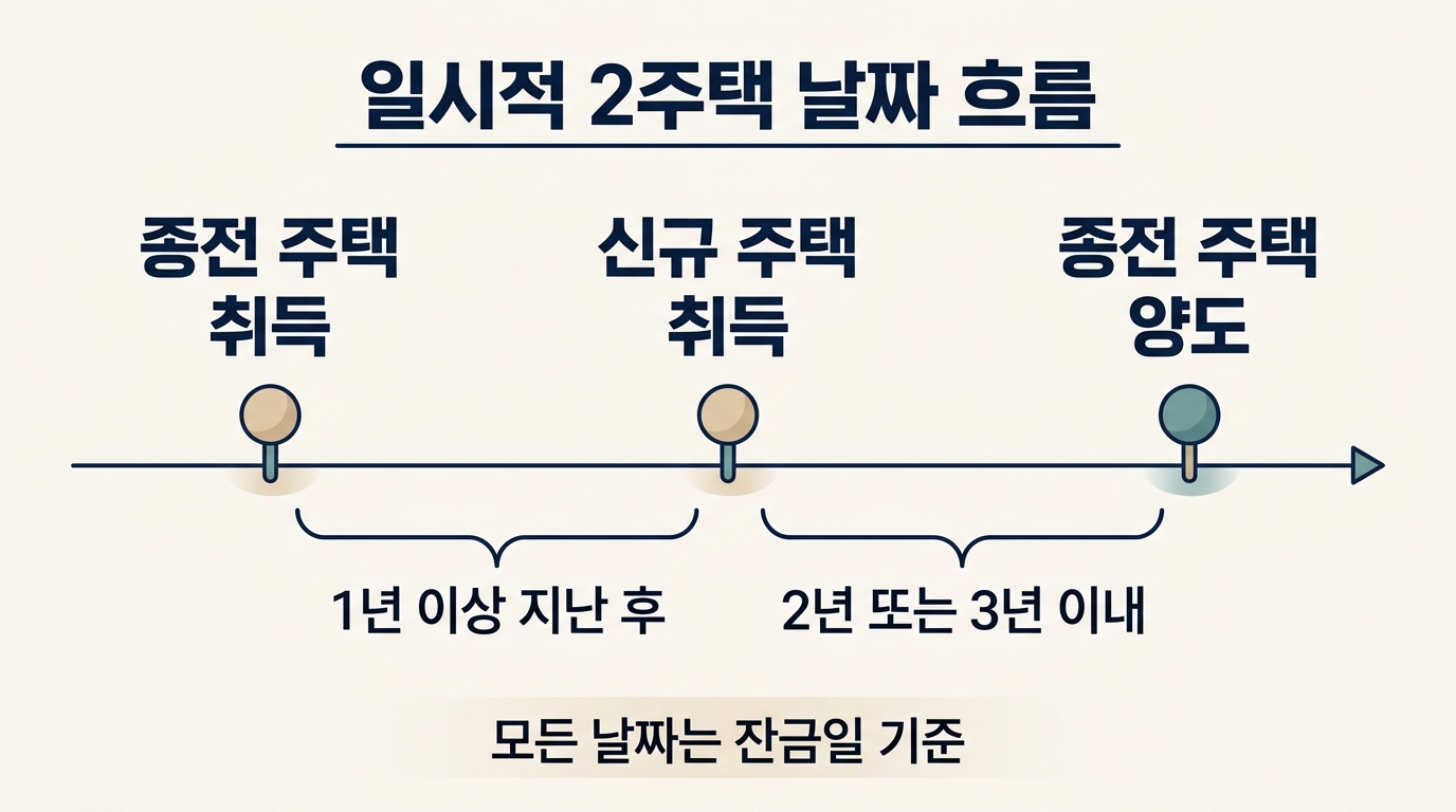 일시적 2주택 비과세 3요건과 각 요건의 기준 날짜를 정리한 흐름도