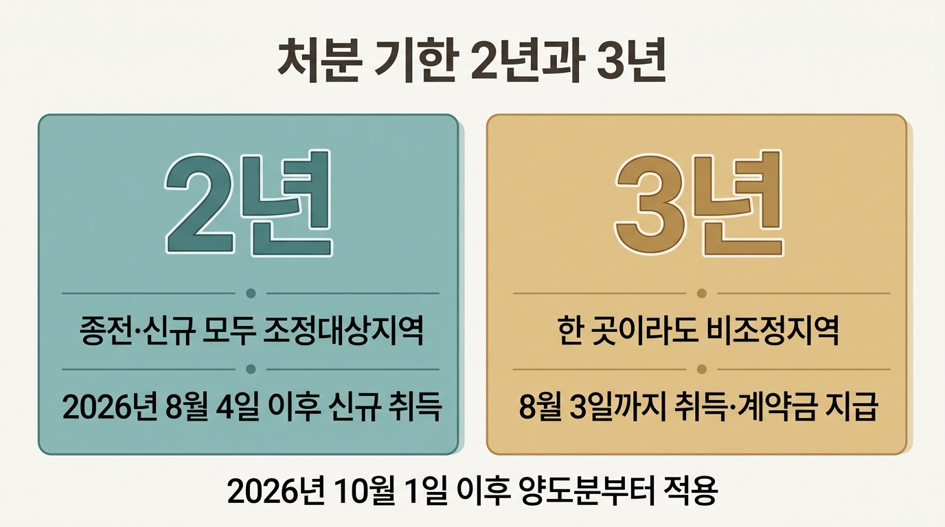 조정대상지역 여부와 취득 시점에 따른 일시적 2주택 처분 기한 2년과 3년 비교