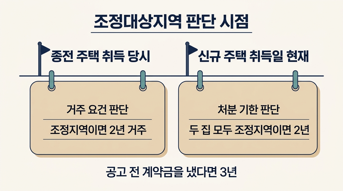 조정대상지역 판단 시점 두 가지: 종전 주택 취득 당시와 신규 주택 취득일