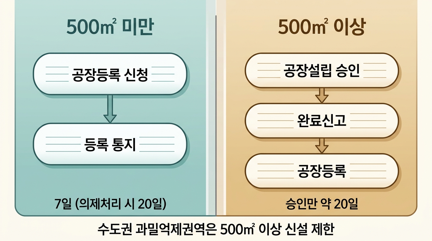 공장건축면적 500㎡ 미만과 이상의 공장등록 절차와 처리 기간 비교