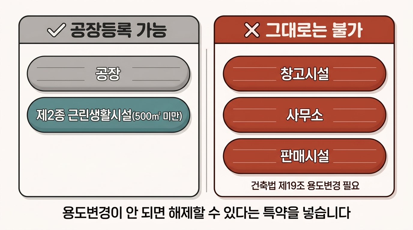 건축물대장 용도별 공장등록 가능 여부와 용도변경이 필요한 경우 비교