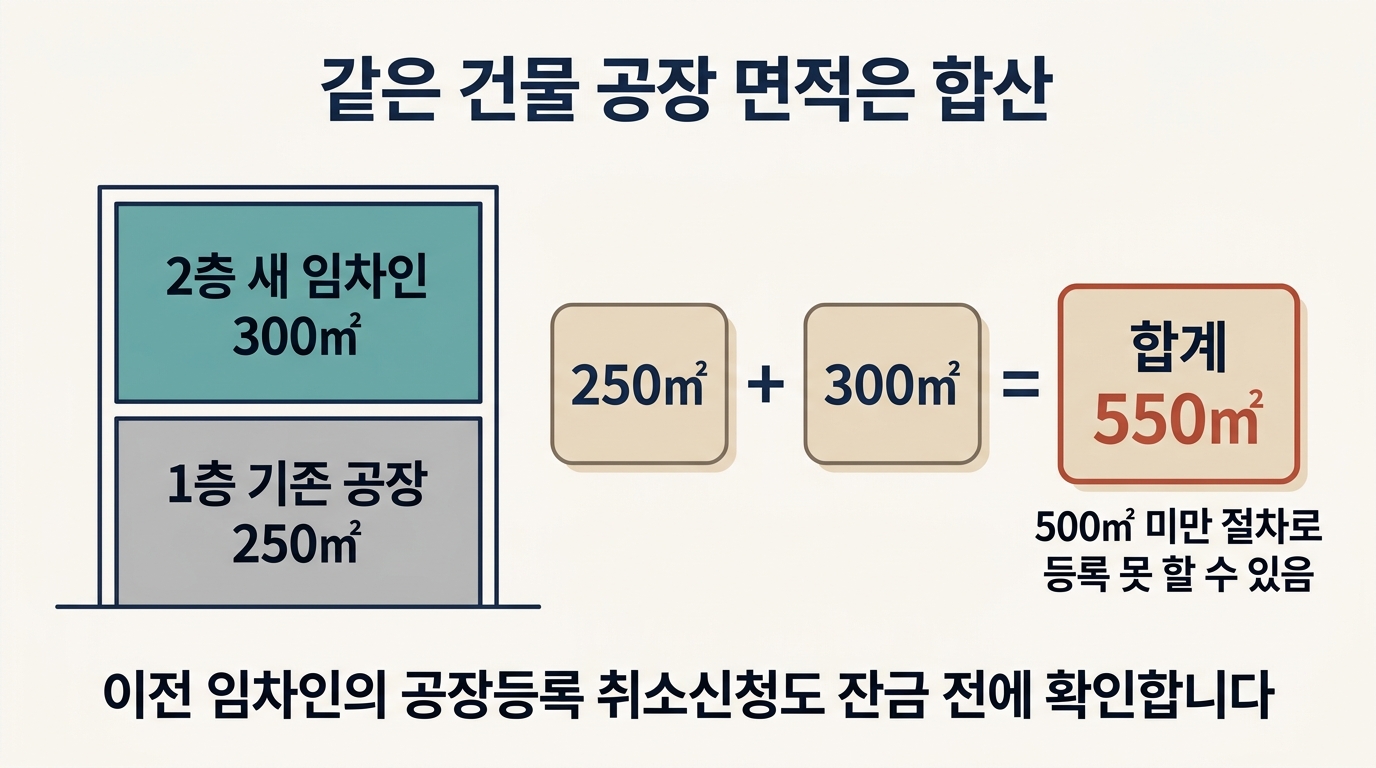 같은 건물 기존 공장 면적 합산과 이전 임차인 공장등록 취소 확인 흐름