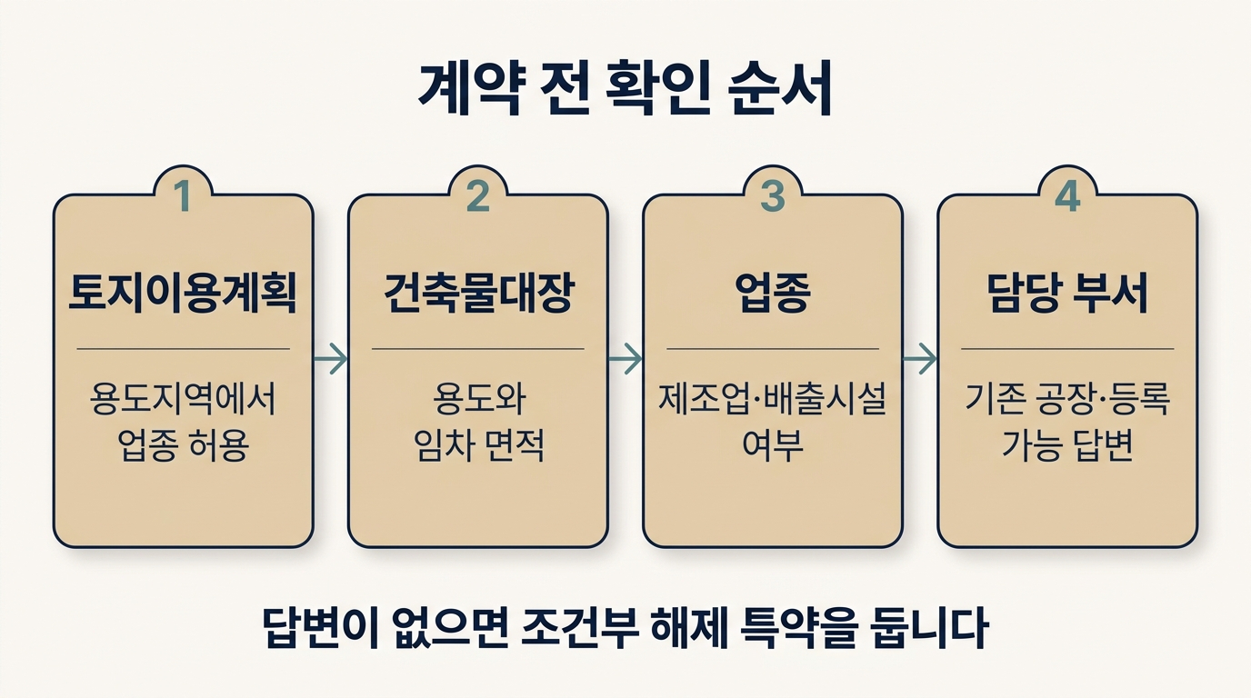 계약 전 공장등록 확인 순서: 토지이용계획, 건축물대장, 업종, 담당 부서 4단계