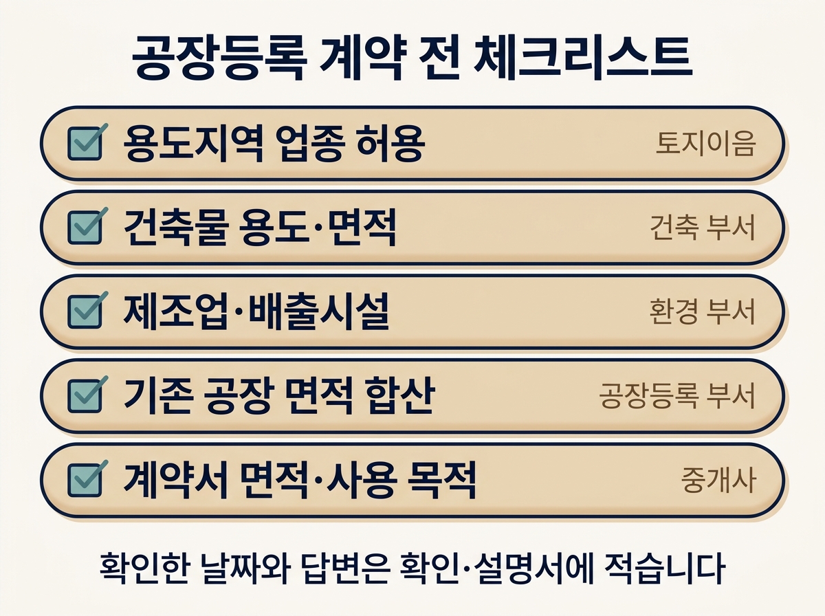 임차 공장 공장등록 계약 전 체크리스트와 문의할 부서를 정리한 도해
