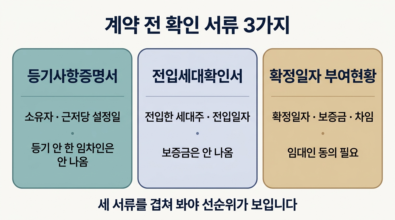 전입세대확인서와 등기부·확정일자 부여현황 3가지 서류가 보여주는 정보 비교