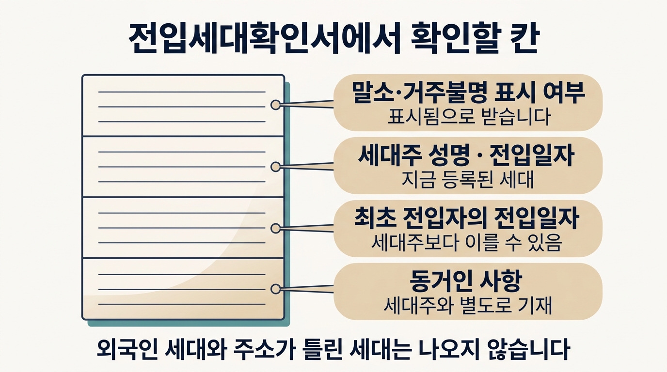 전입세대확인서 양식에서 확인할 4개 칸: 표시 여부, 세대주, 최초 전입자, 동거인