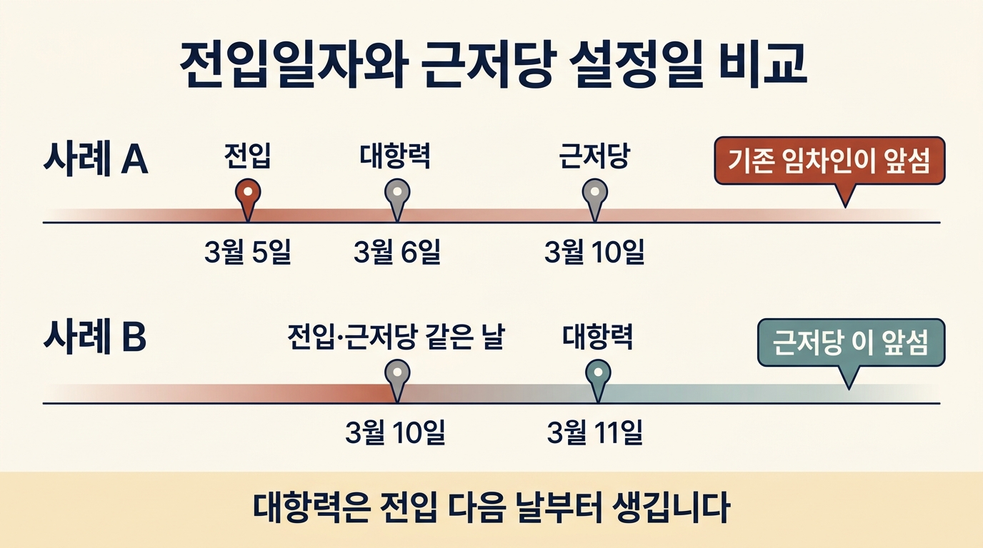 전입일자와 근저당 설정일 비교 사례 A·B: 대항력은 전입 다음 날 생김