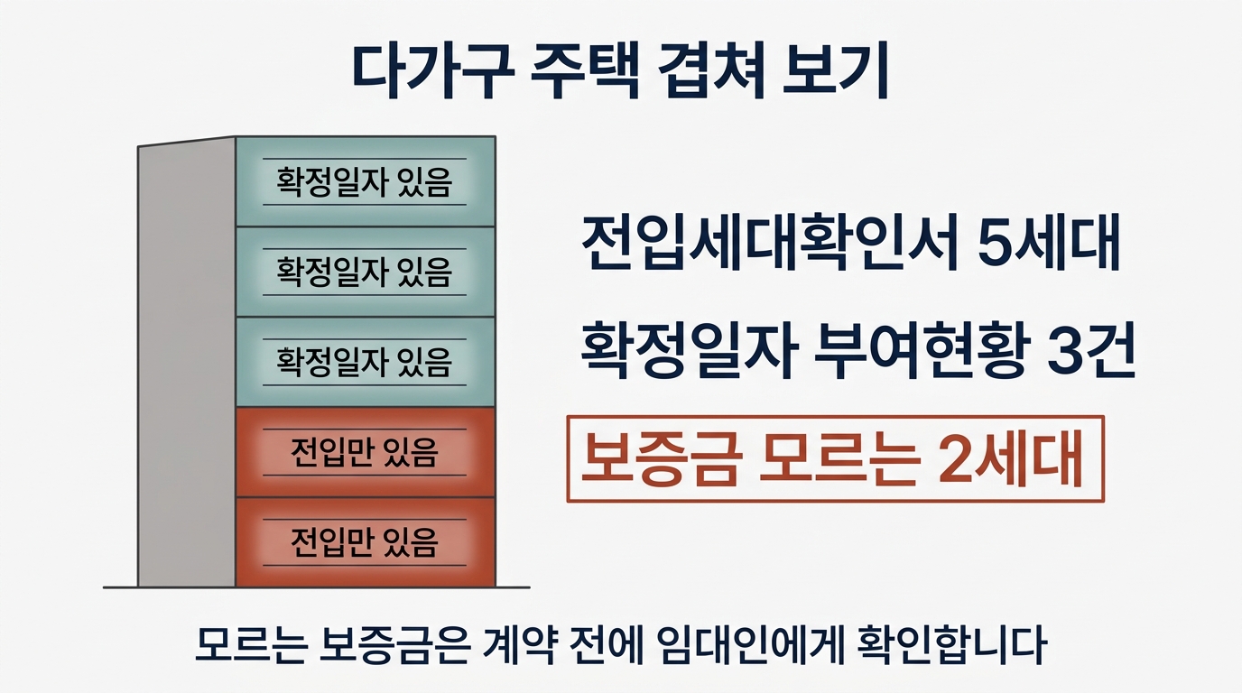 다가구 주택 전입 5세대와 확정일자 3건을 겹쳐 보면 보증금 모르는 2세대