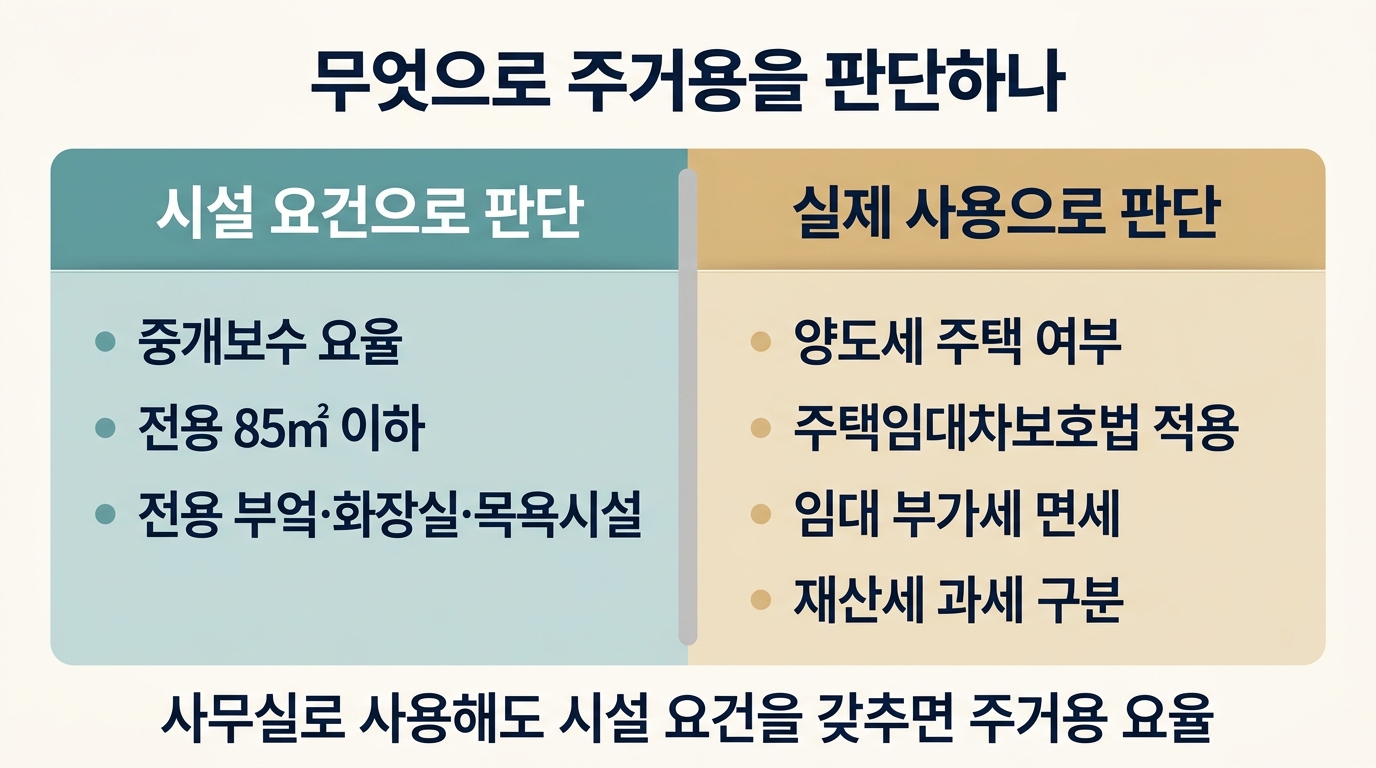 오피스텔 판단 기준 비교표: 중개보수는 시설 요건, 세금·임대차는 실제 사용 기준