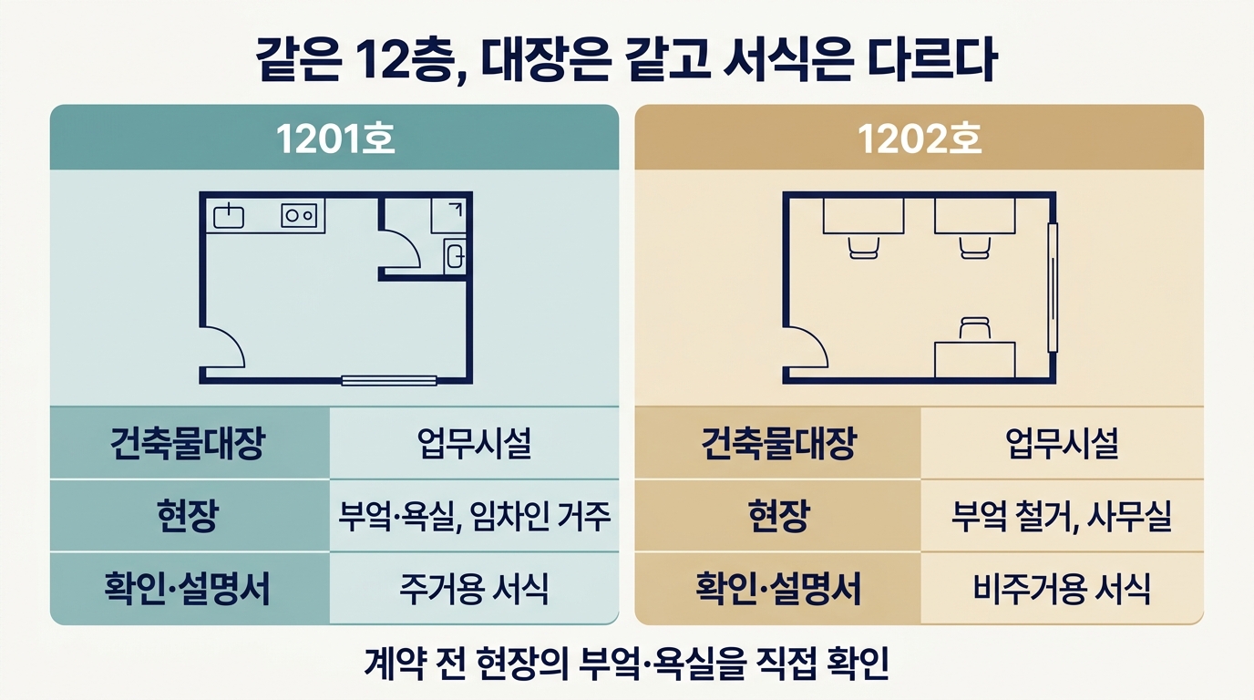 건축물대장 업무시설 표시와 확인·설명서 주거용 서식 차이: 같은 12층 두 호실 비교