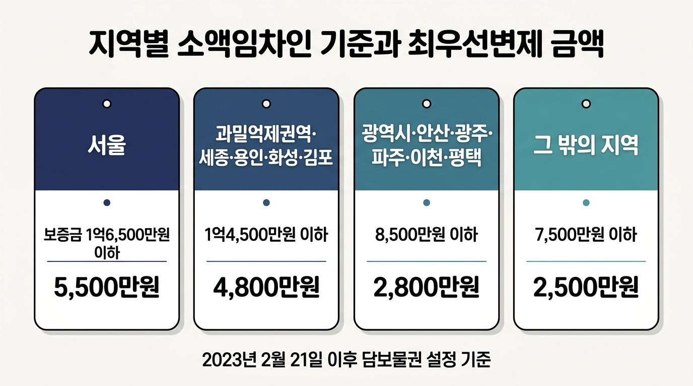 지역 4구분별 소액임차인 보증금 기준과 최우선변제 금액 비교표