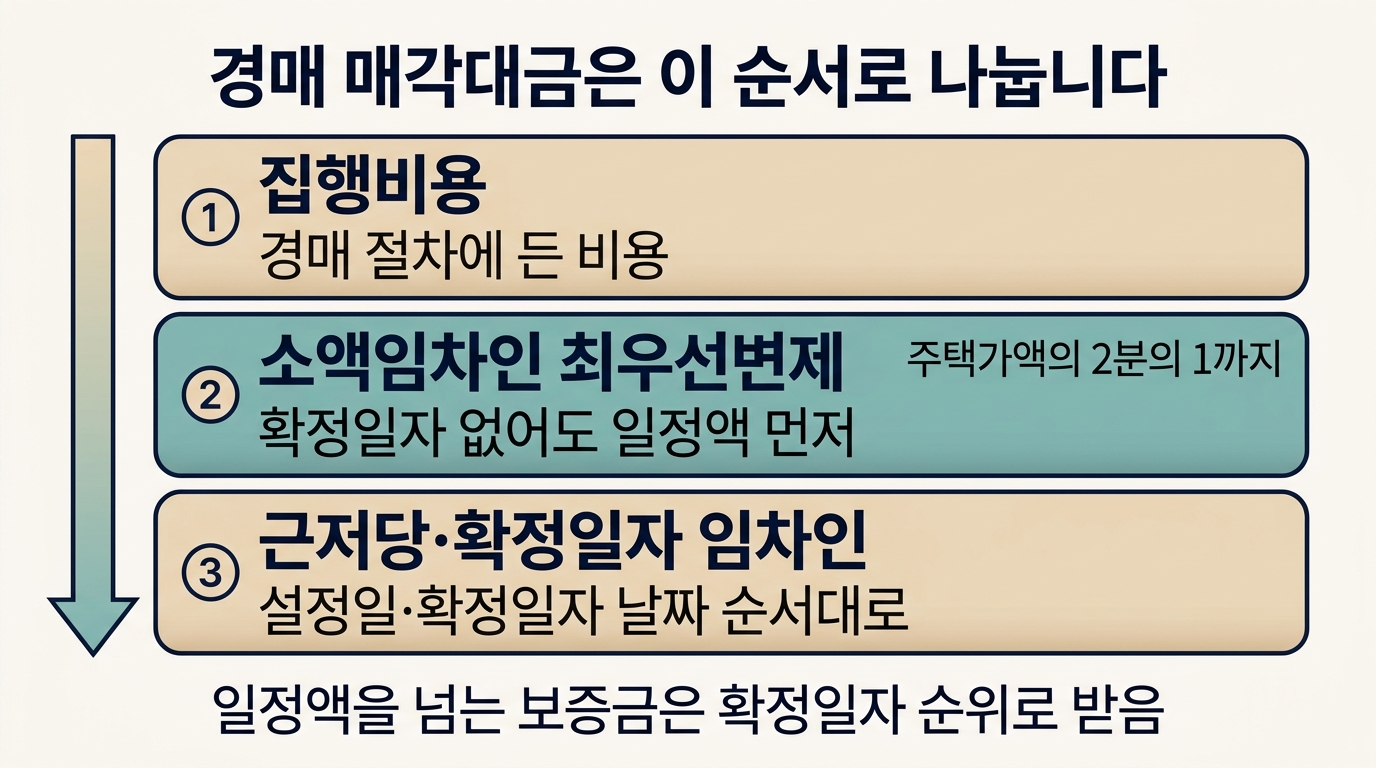 경매 배당 순서에서 소액임차인 최우선변제가 근저당보다 앞서는 구조 도해