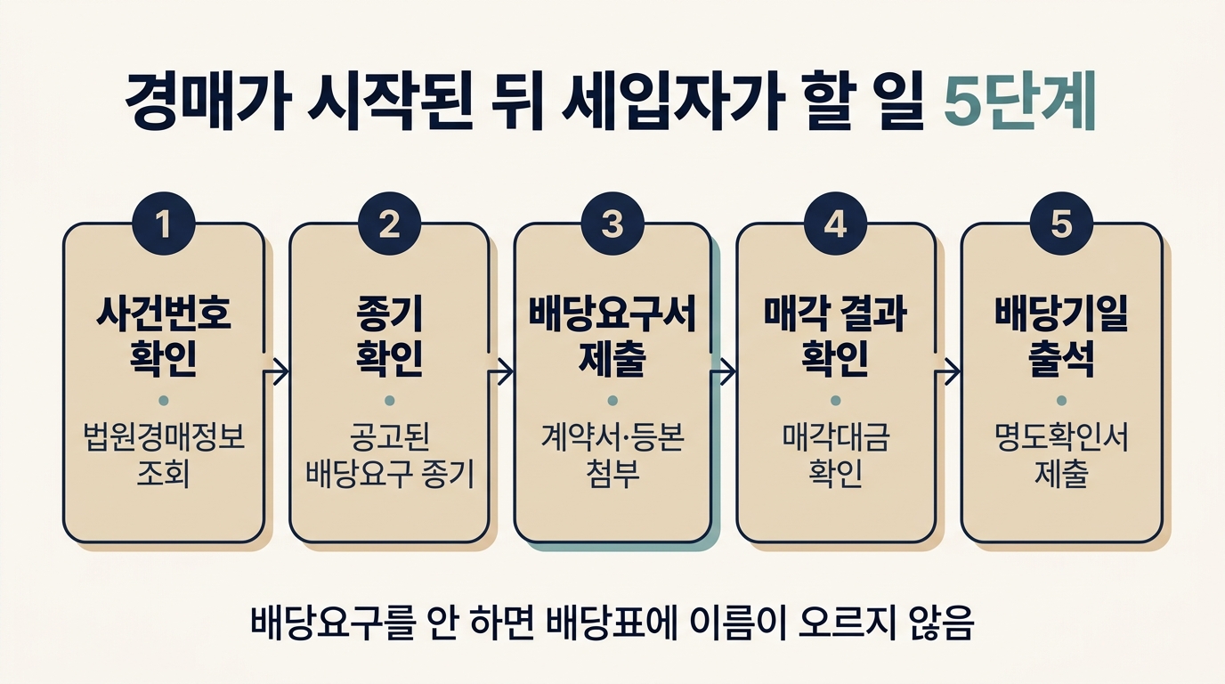 경매 시작 후 세입자가 최우선변제를 받기까지 5단계 진행 흐름도